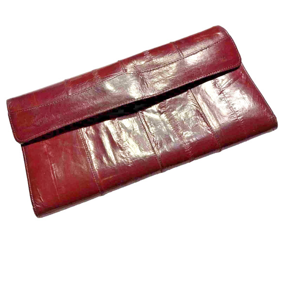 Genuine Eel Skin Leather Burgundy Red Bifold Wallet 1970s Vintage Made in Korea - Picture 1 of 9